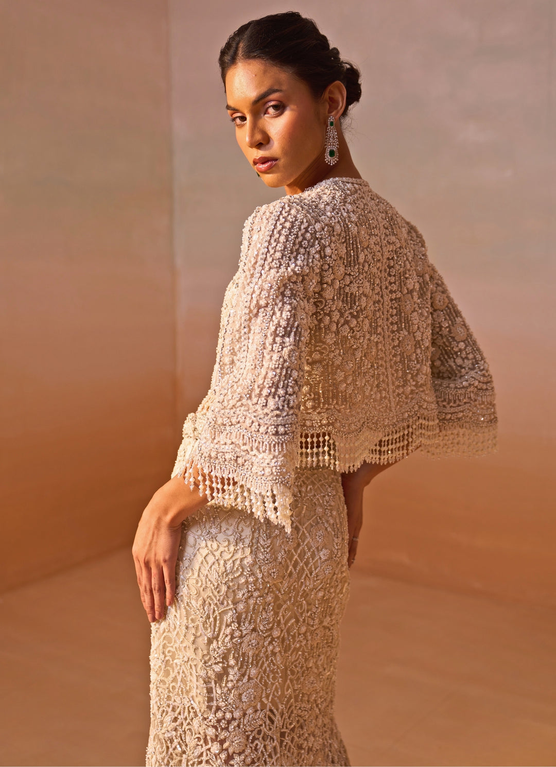 Ivory Soft Net Mermaid Trail Skirt Set With Jacket