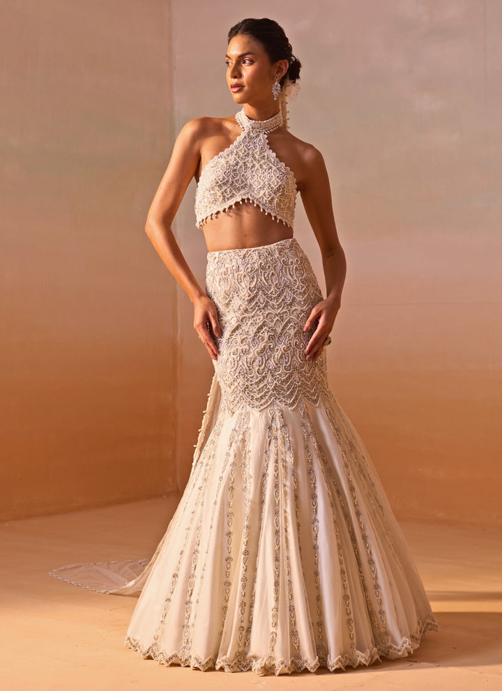 Ivory Soft Net Mermaid Lehenga Set With Halter Blouse