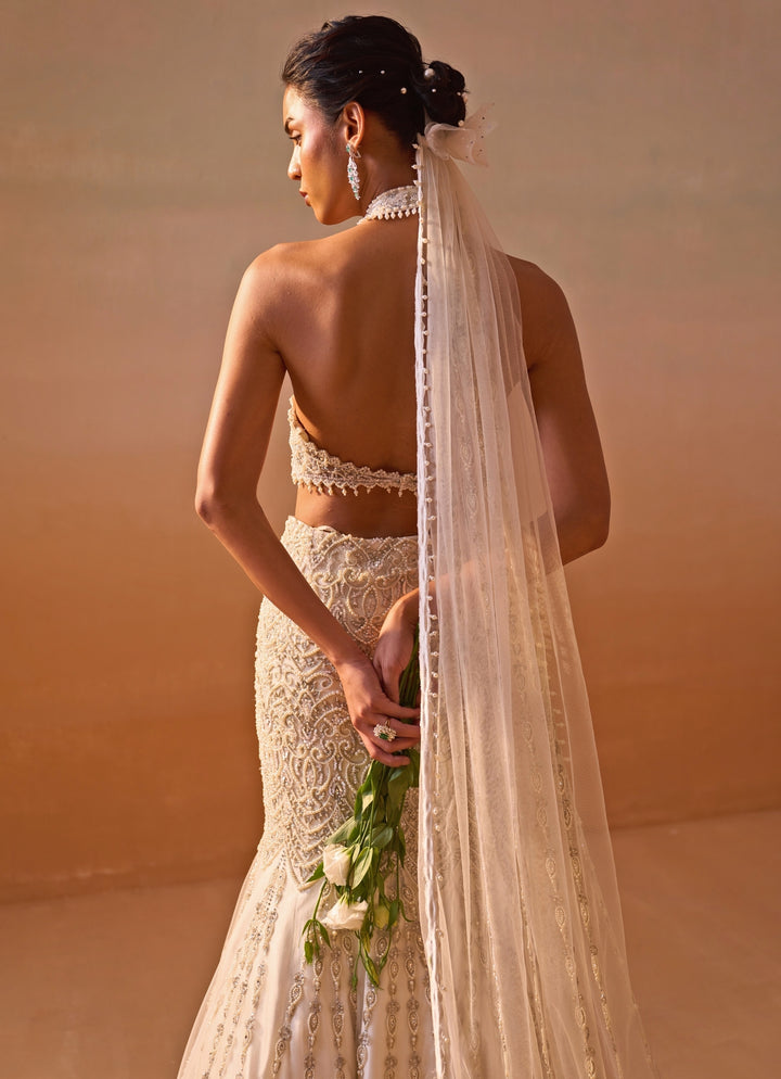 Ivory Soft Net Mermaid Lehenga Set With Halter Blouse