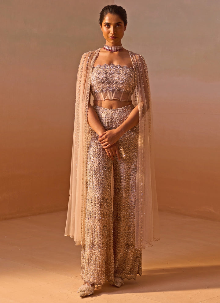 Nude Gold Soft Net Corset Pants Set With Cape Dupatta