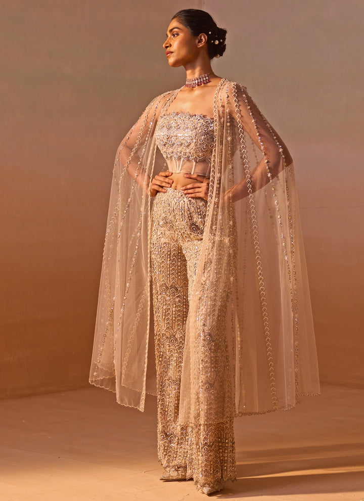 Nude Gold Soft Net Corset Pants Set With Cape Dupatta