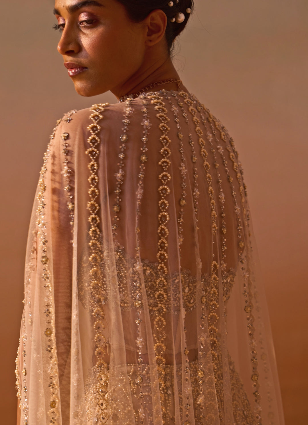 Nude Gold Soft Net Corset Pants Set With Cape Dupatta