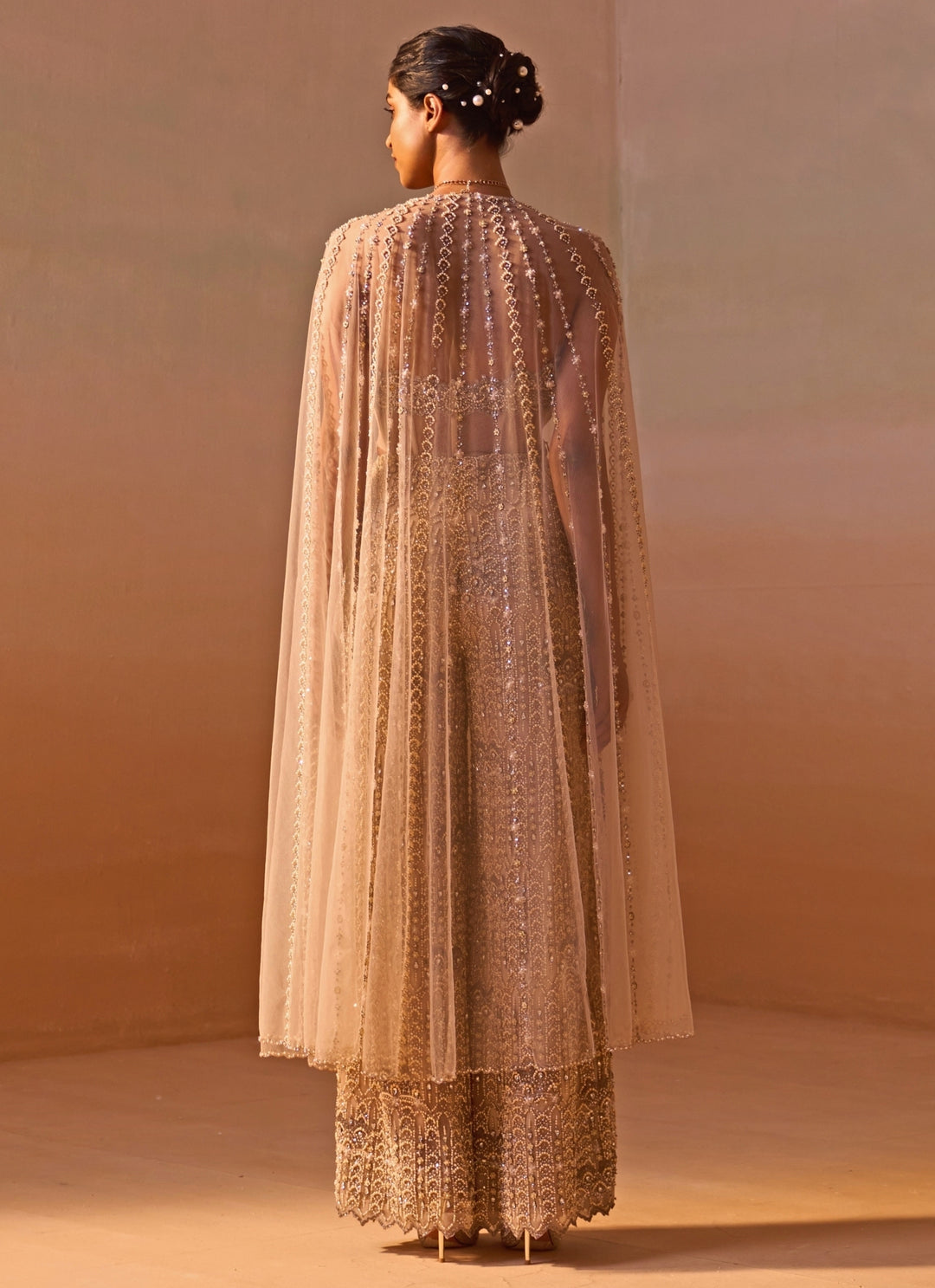 Nude Gold Soft Net Corset Pants Set With Cape Dupatta