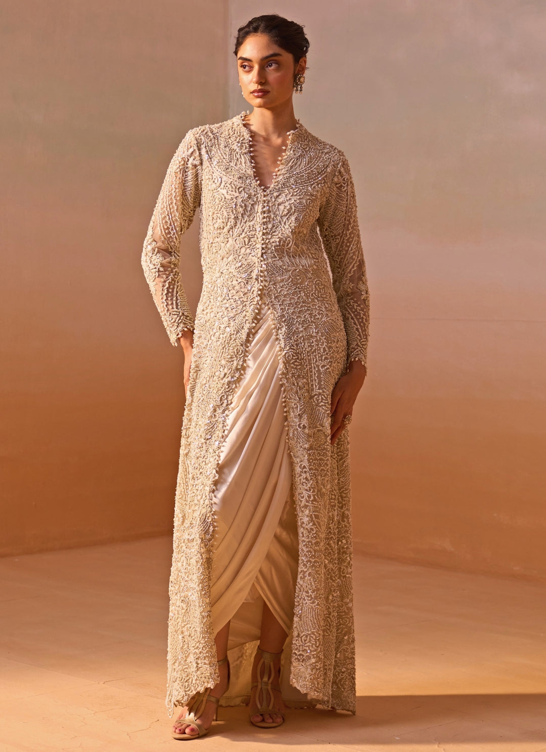 Ivory Satin Drape Skirt Set With Embroidered Jacket