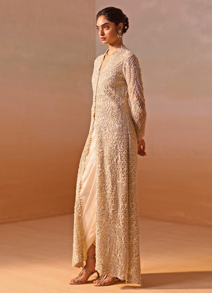 Ivory Satin Drape Skirt Set With Embroidered Jacket