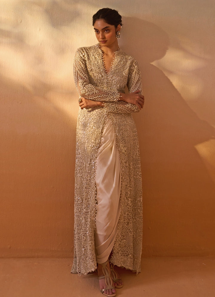 Ivory Satin Drape Skirt Set With Embroidered Jacket