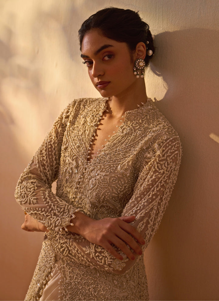 Ivory Satin Drape Skirt Set With Embroidered Jacket
