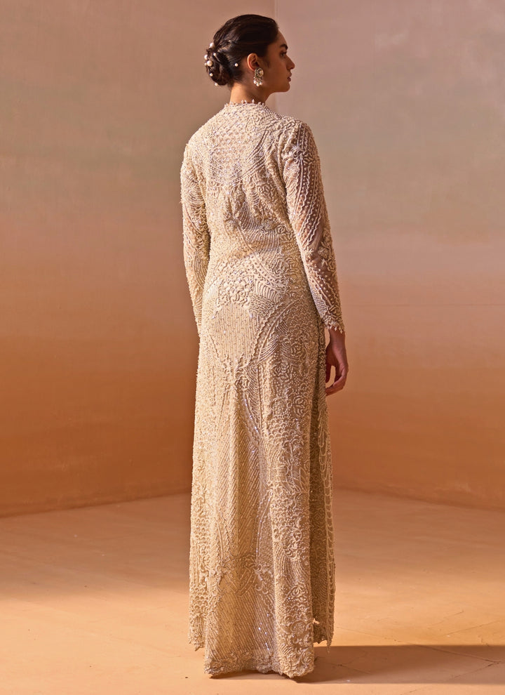 Ivory Satin Drape Skirt Set With Embroidered Jacket