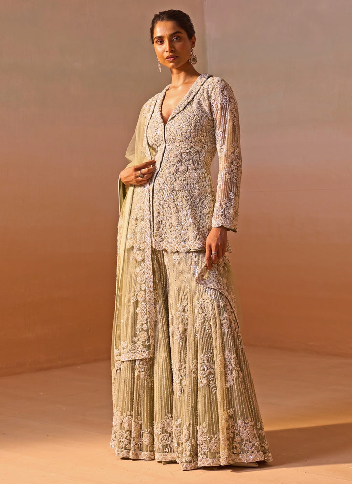 Pastel Green Soft Net Kurta Sharara Set