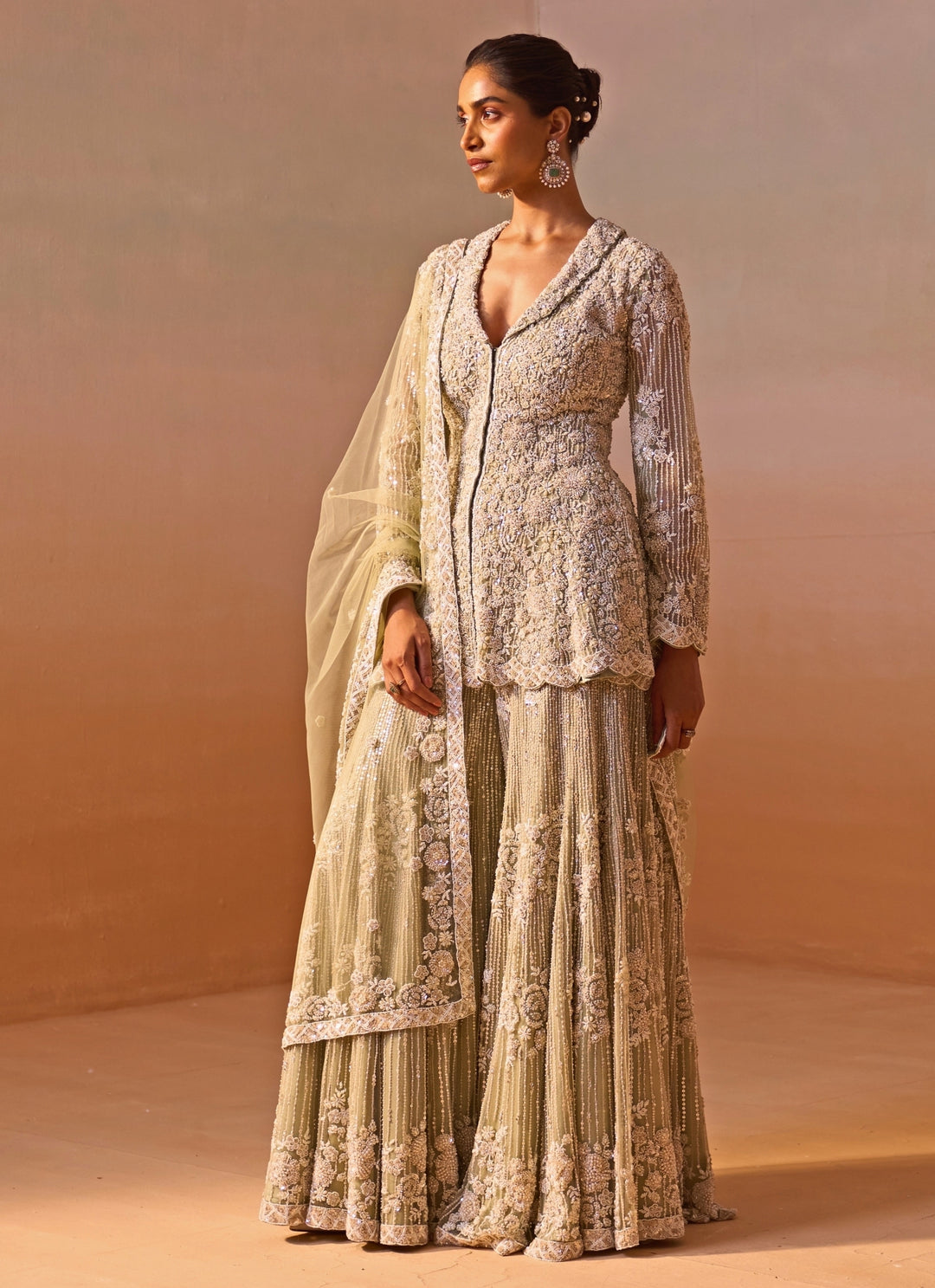 Pastel Green Soft Net Kurta Sharara Set