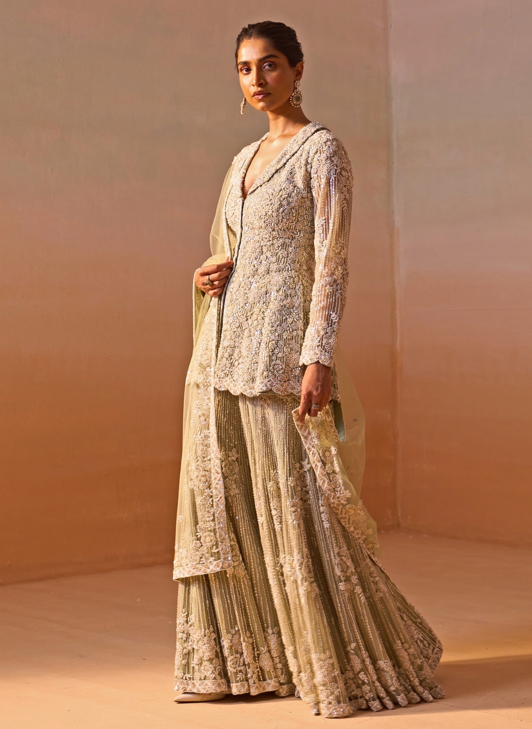 Pastel Green Soft Net Kurta Sharara Set