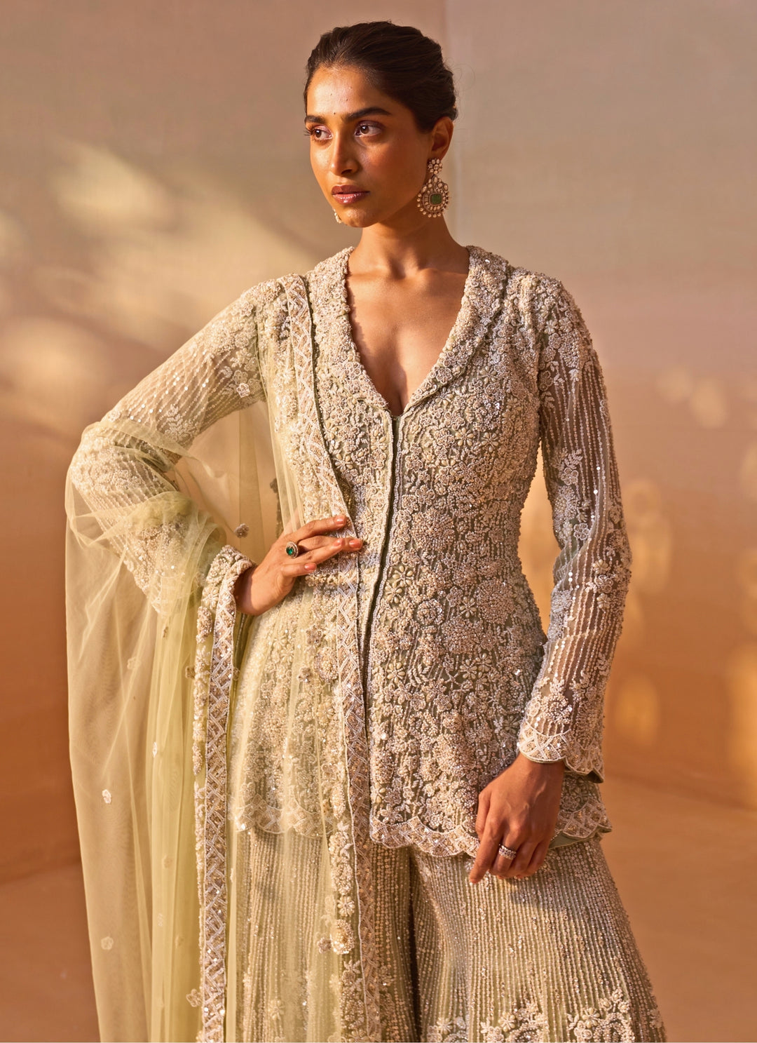 Pastel Green Soft Net Kurta Sharara Set