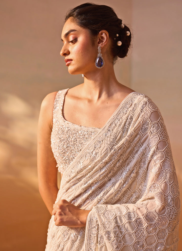 Ivory Embroidered Georgette Saree