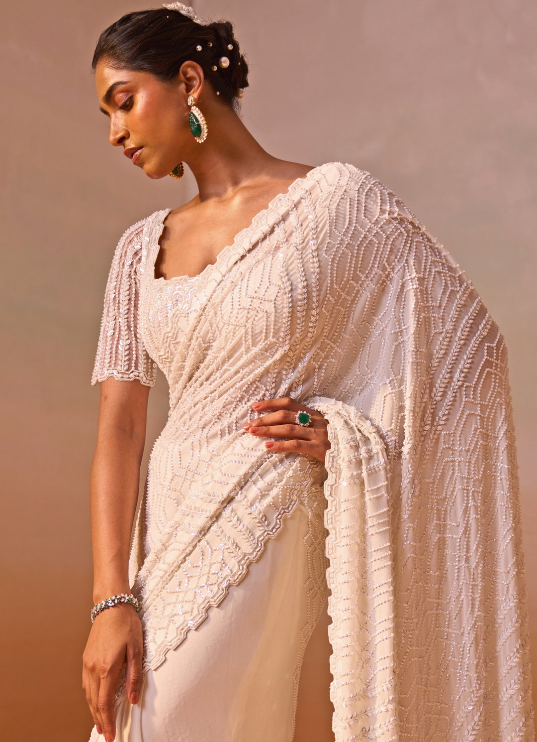 Ivory Georgette Saree With Sequins Blouse