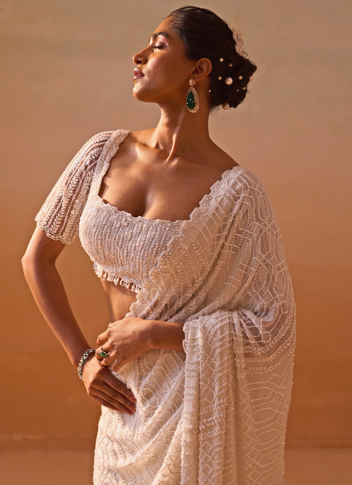 Ivory Georgette Saree With Sequins Blouse