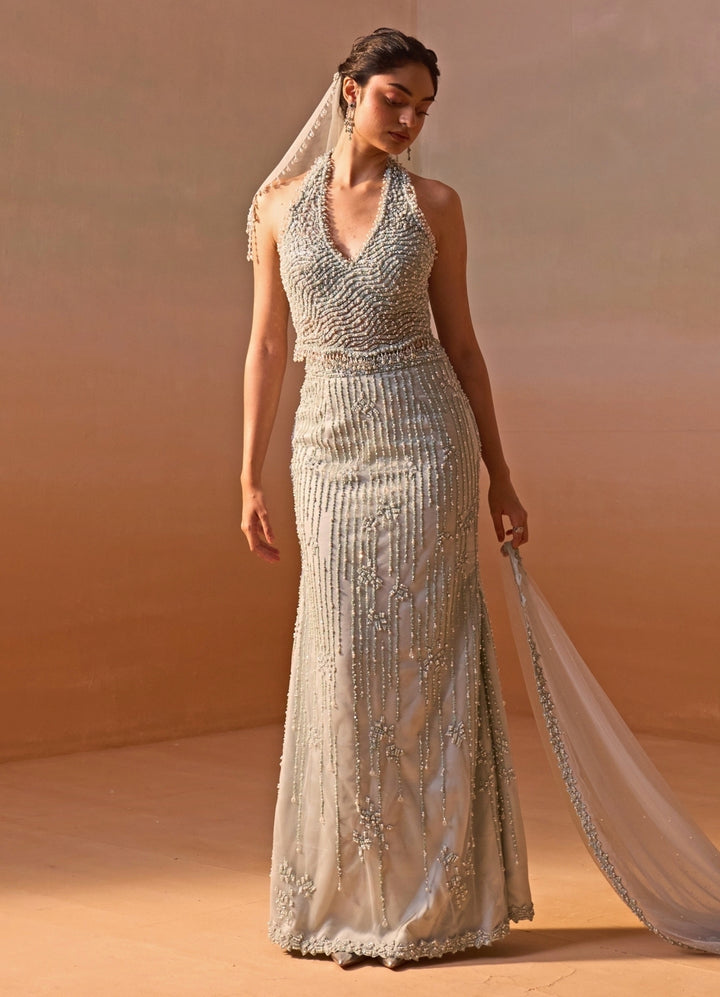 Muted Blue Soft Net Corset Skirt Set
