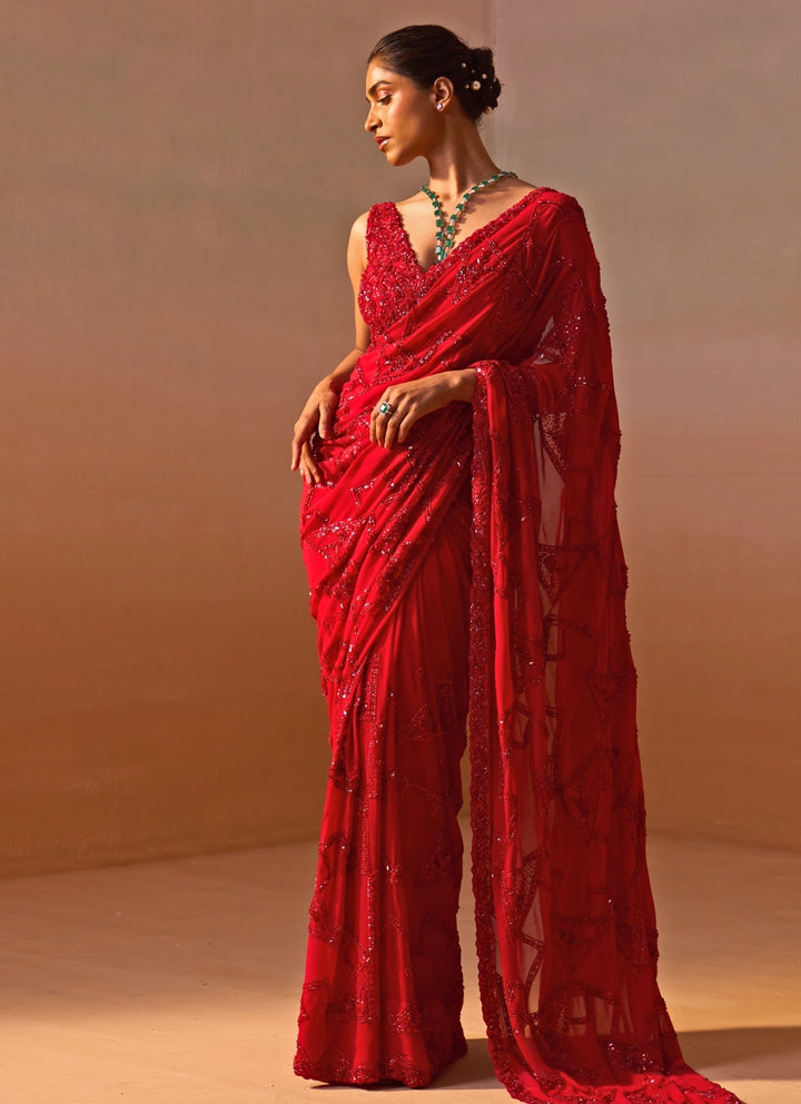 Red Embroidered Georgette Saree