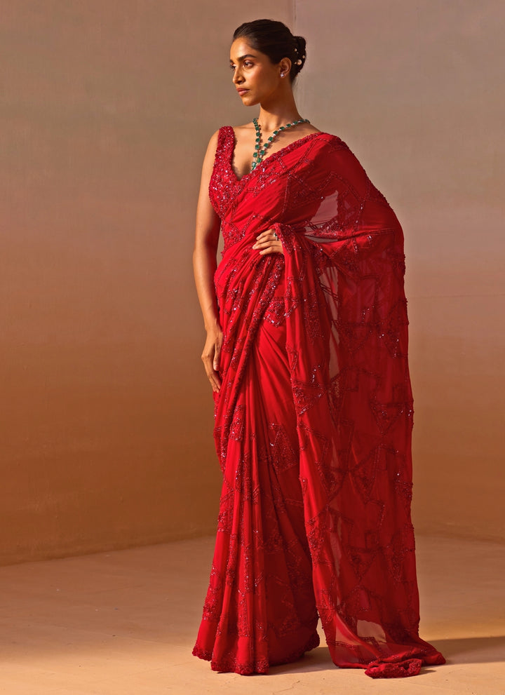 Red Embroidered Georgette Saree