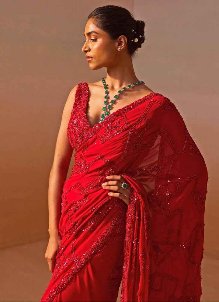 Red Embroidered Georgette Saree