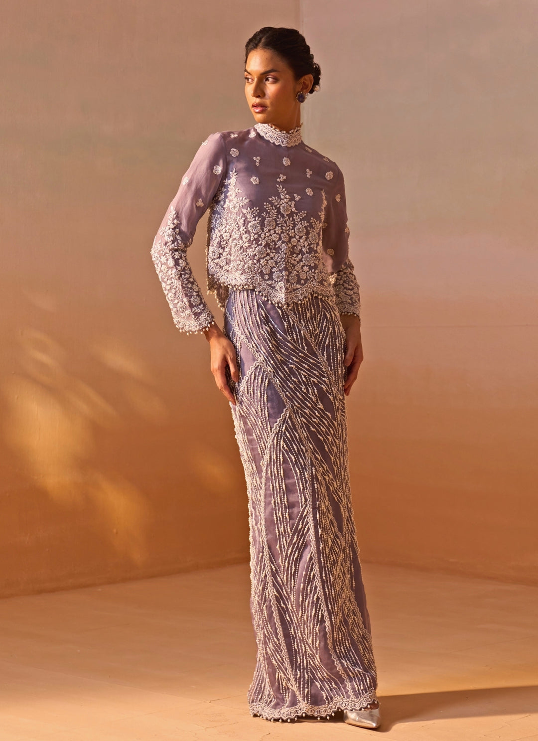 Muted Lilac Organza Slit Skirt Set