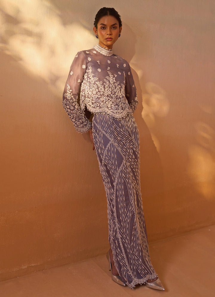 Muted Lilac Organza Slit Skirt Set