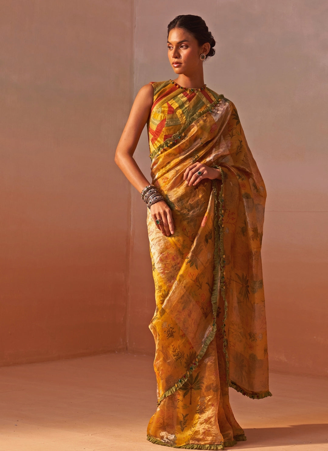 Mustard Yellow Printed Tissue Organza Saree