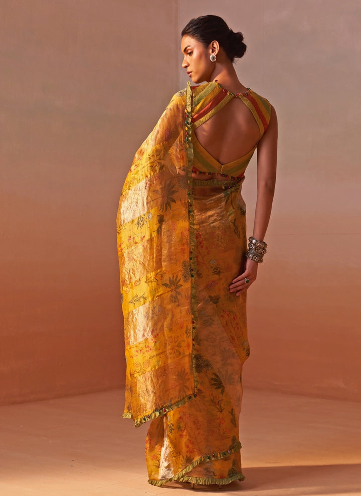 Mustard Yellow Printed Tissue Organza Saree