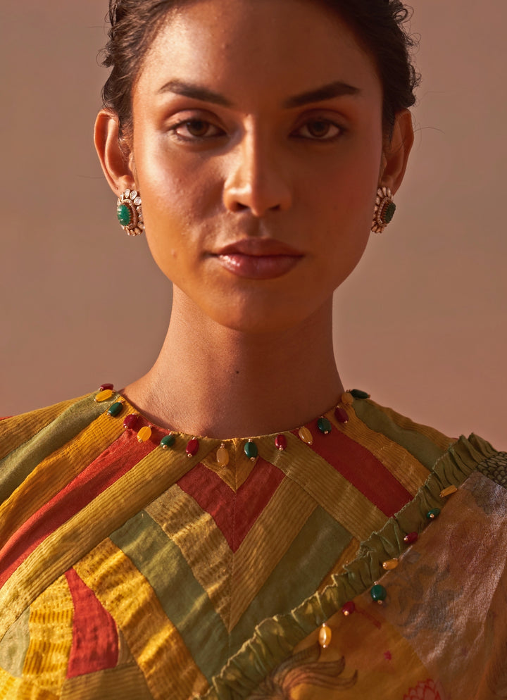 Mustard Yellow Printed Tissue Organza Saree