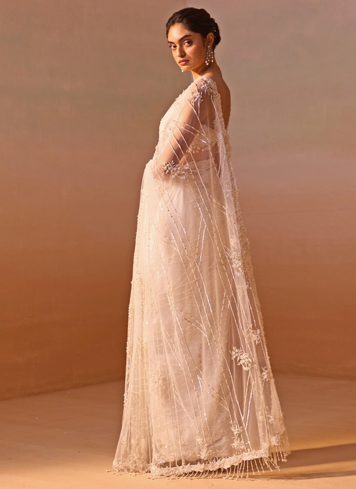 Ivory Embroidered Soft Net Saree