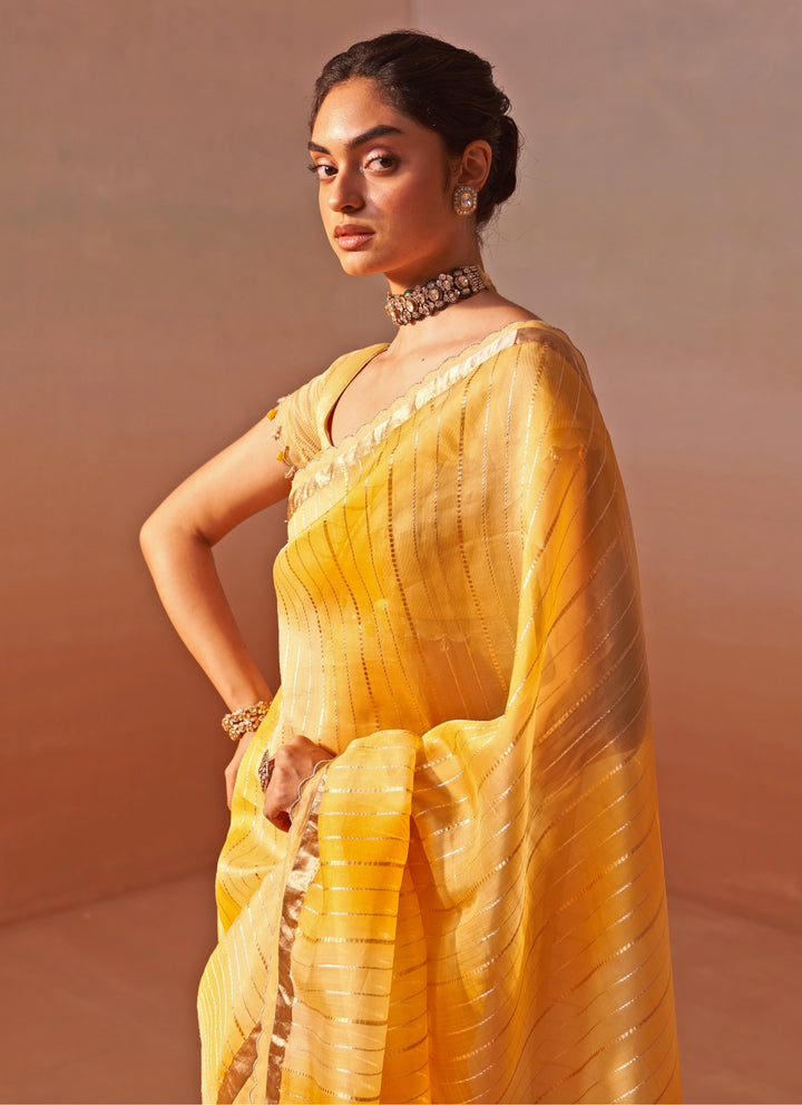 Yellow Tissue Organza Ombre Saree