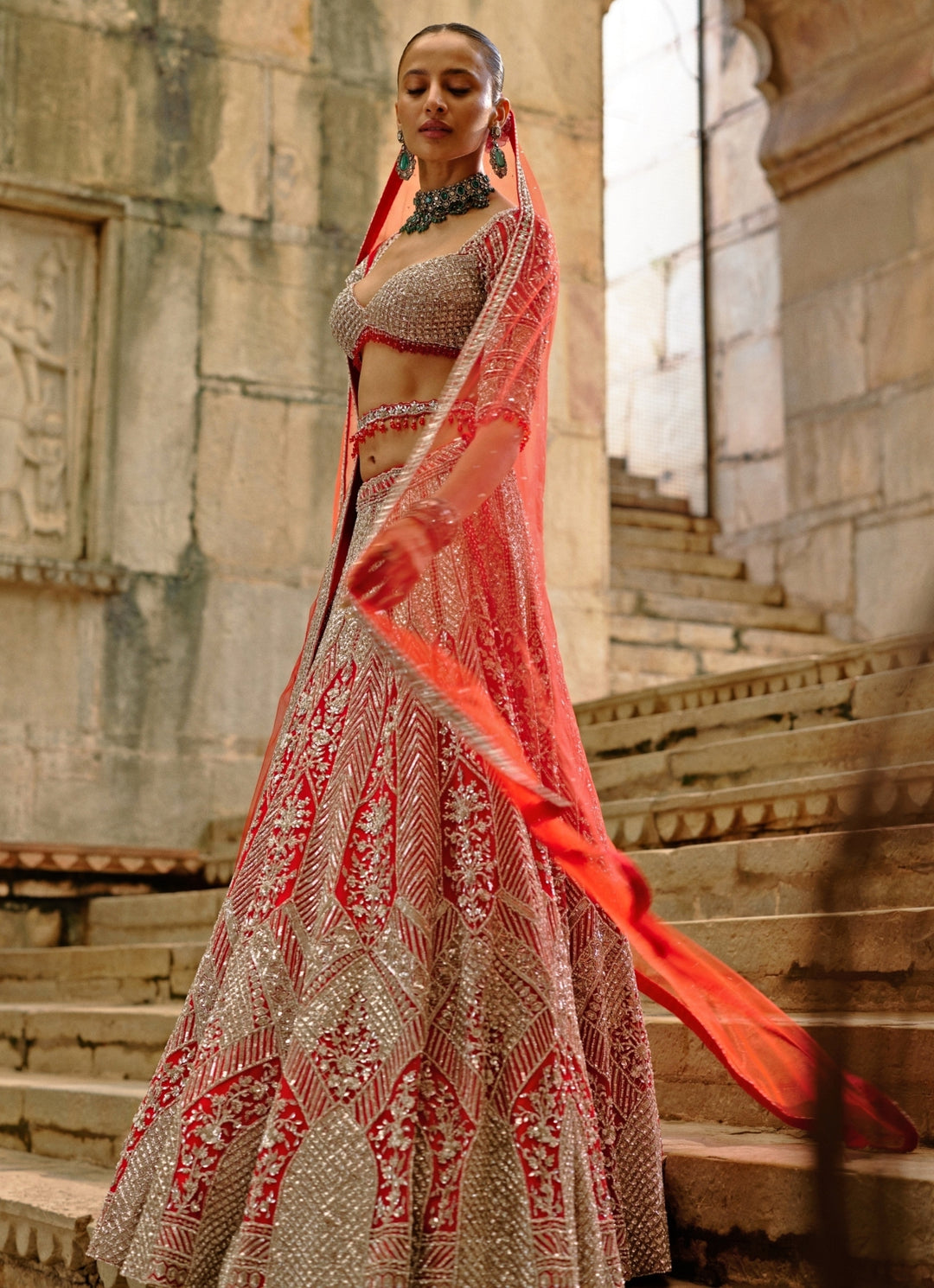 Red And Silver Soft Net Lehenga Set