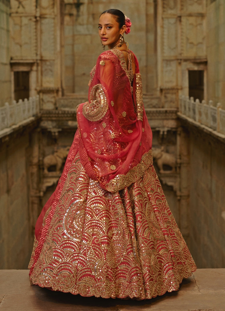 Rust Red Taffeta Mirror Lehenga Set