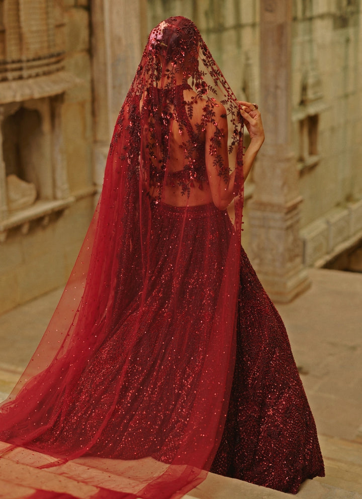 Burgundy Red Soft Net Lehenga Set