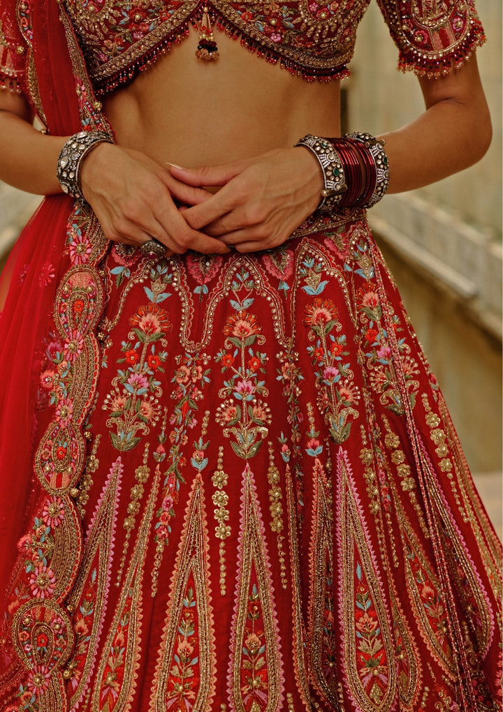 Red Embroidered Raw Silk Lehenga Set