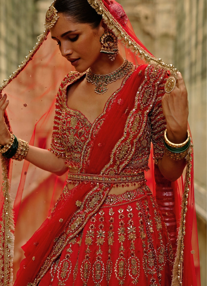 Red Satin Silk Lehenga Set