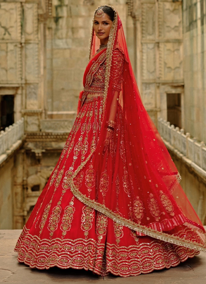 Red Satin Silk Lehenga Set