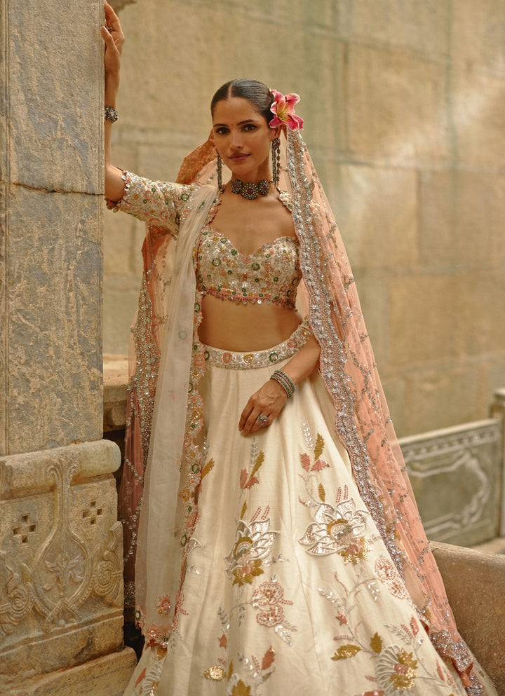 Cream Raw Silk Gota Lehenga Set