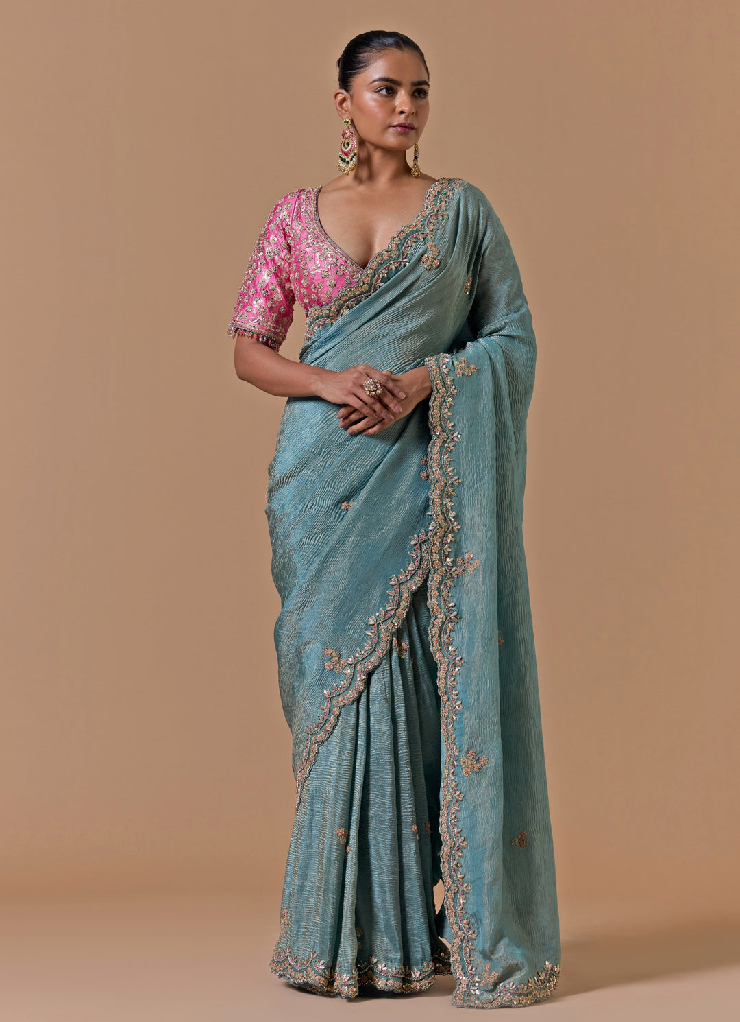 Blue And Pink Tissue Saree