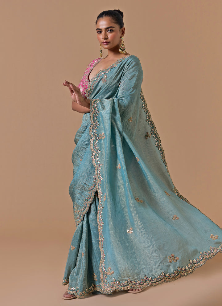 Blue And Pink Tissue Saree