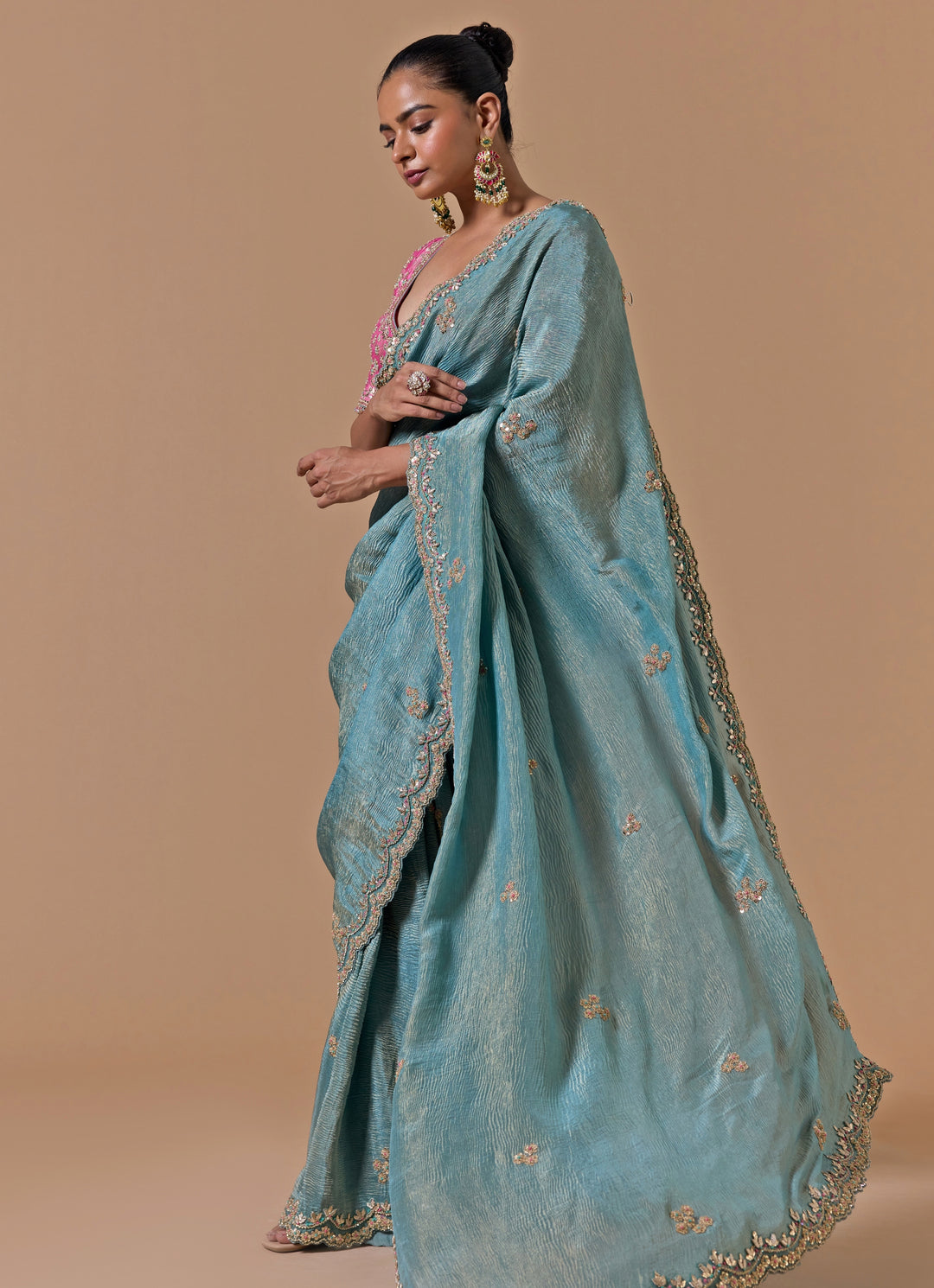 Blue And Pink Tissue Saree