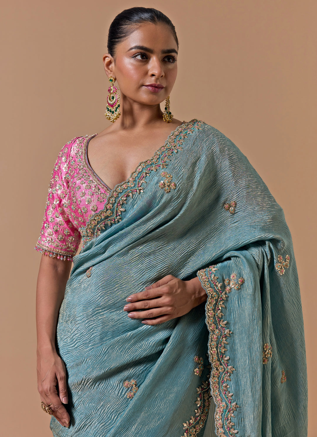 Blue And Pink Tissue Saree