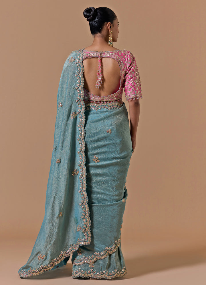 Blue And Pink Tissue Saree