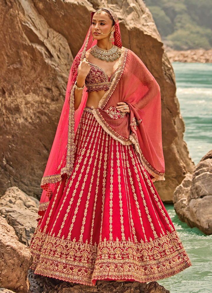 Crimson Red Raw Silk Zardosi Bridal Lehenga Set