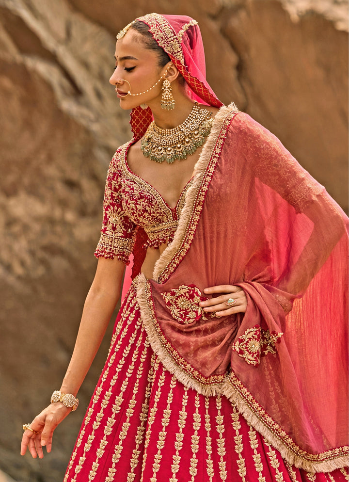 Crimson Red Raw Silk Zardosi Bridal Lehenga Set