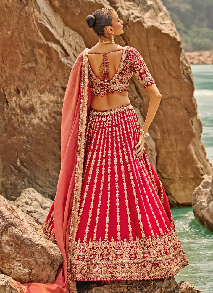 Crimson Red Raw Silk Zardosi Bridal Lehenga Set
