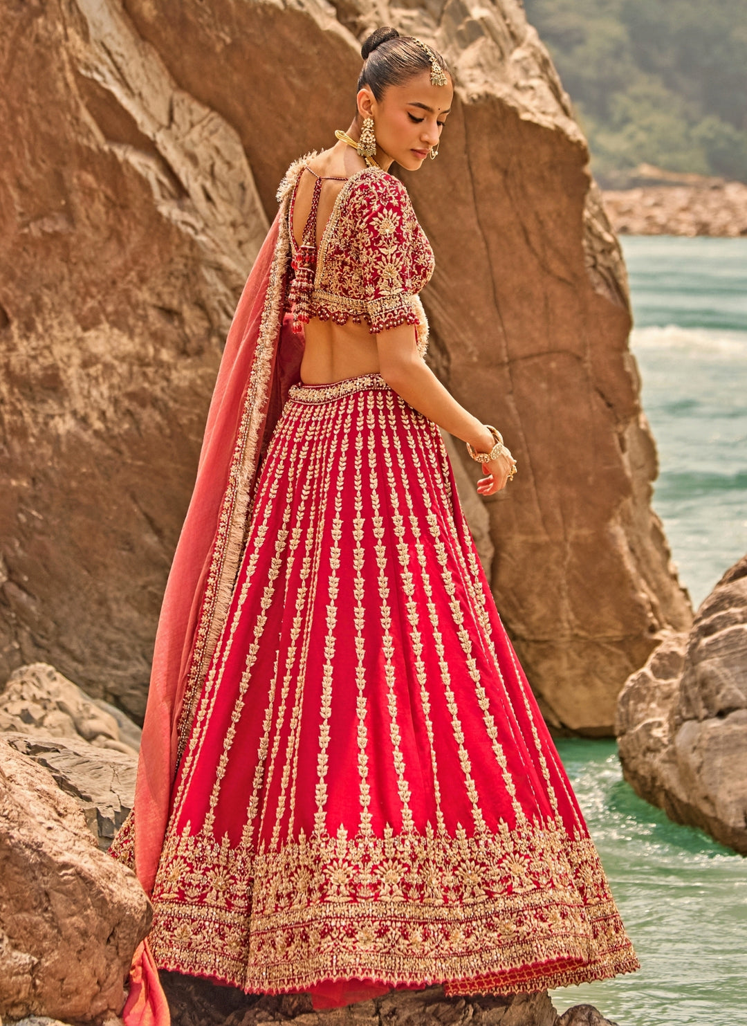Crimson Red Raw Silk Zardosi Bridal Lehenga Set