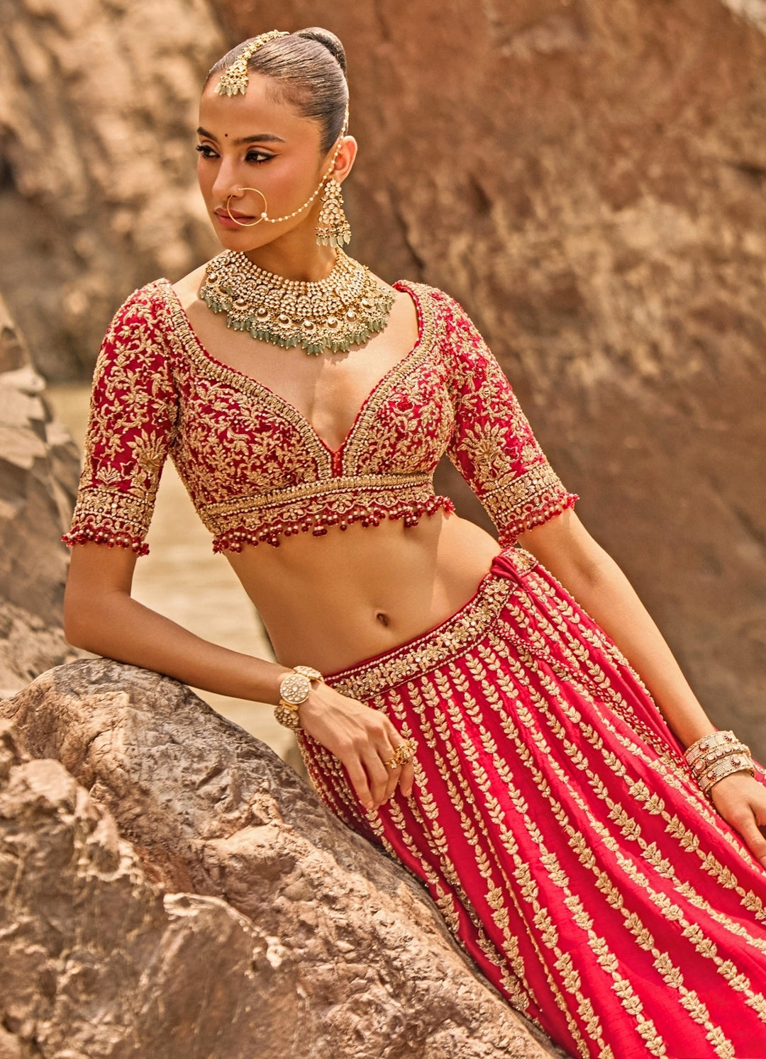 Crimson Red Raw Silk Zardosi Bridal Lehenga Set