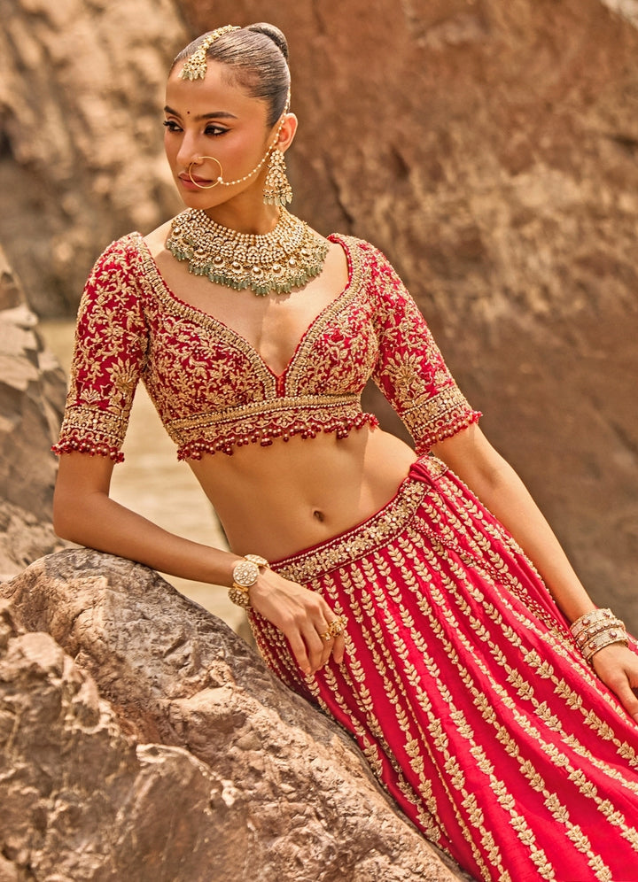 Crimson Red Raw Silk Zardosi Bridal Lehenga Set