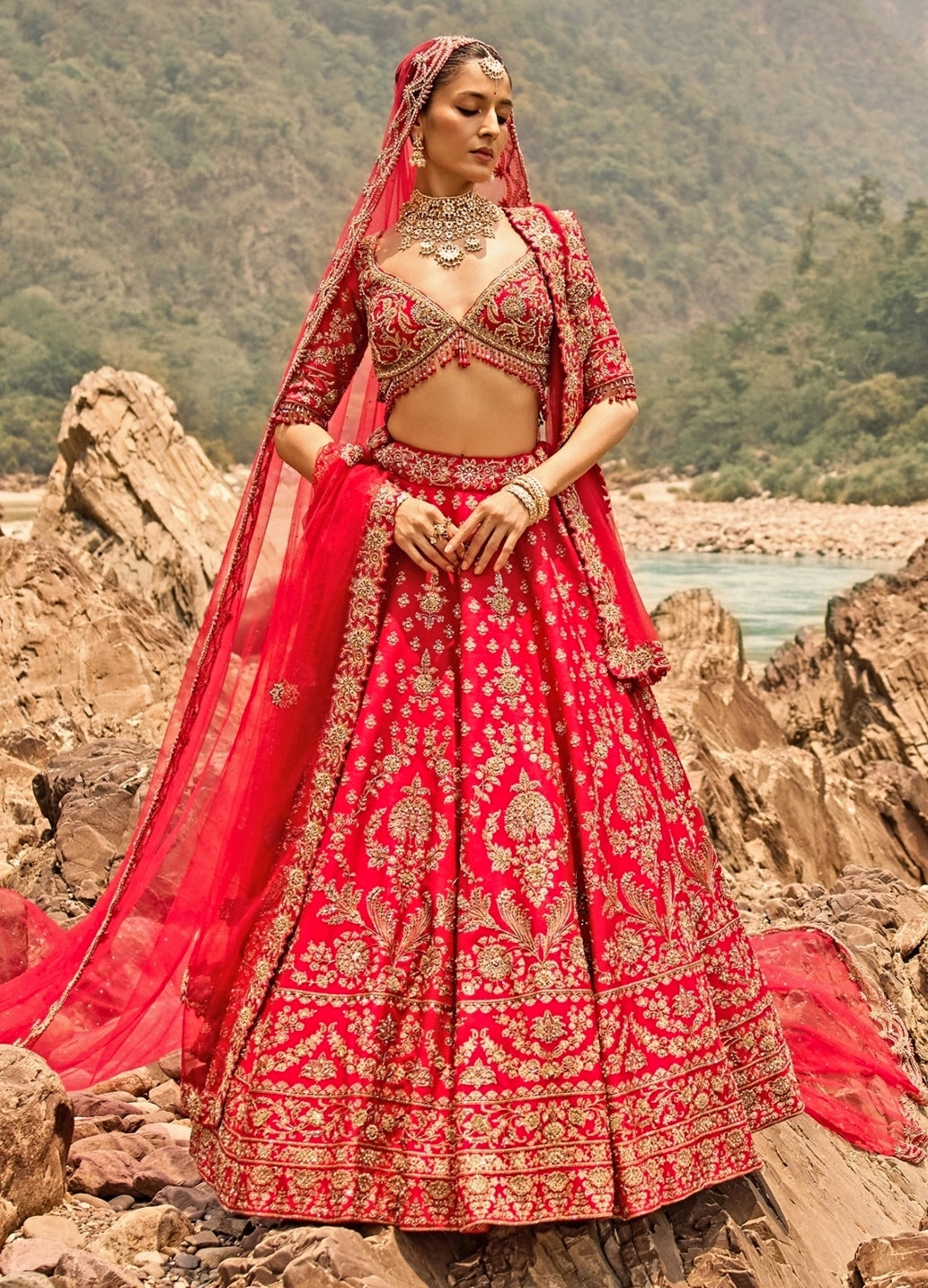 Red Raw Silk Bridal Lehenga Set