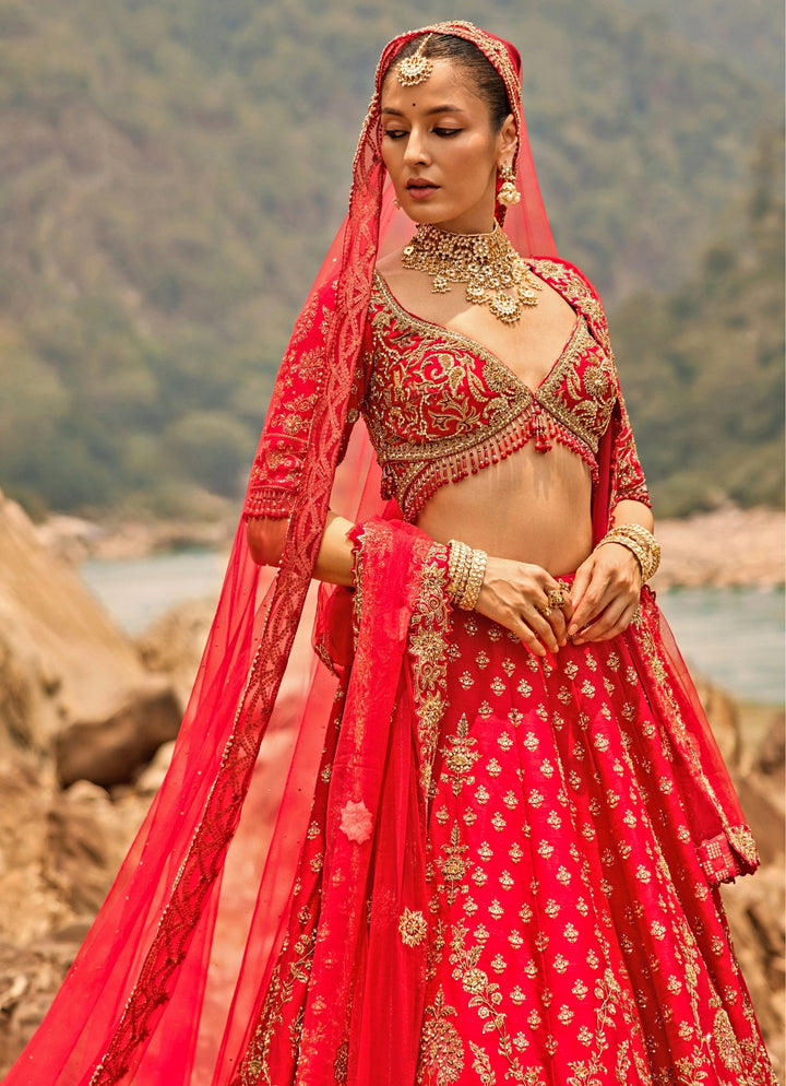 Red Raw Silk Bridal Lehenga Set